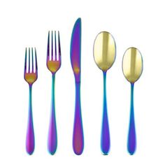 four forks, two spoons and one knife are shown with different colors on them