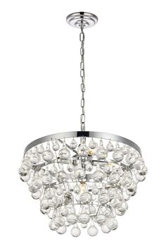 a chrome chandelier with clear glass balls hanging from the ceiling, on an isolated white background