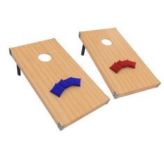 two cornhole boards with blue and red pieces on them