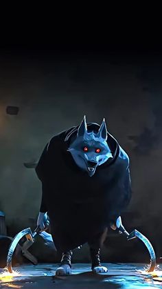 the animated character is dressed in black with red eyes