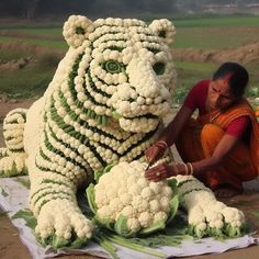 a woman sitting on the ground next to a giant stuffed animal made out of cauliflower