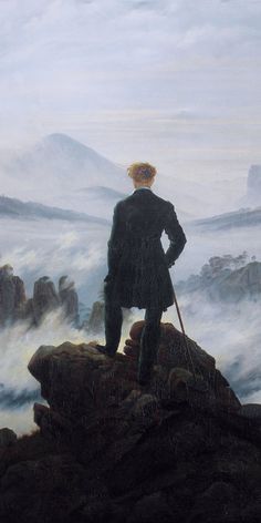 a painting of a man standing on top of a mountain looking out over the clouds