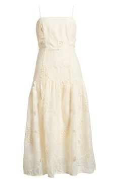 A flounce hem adds contemporary intrigue to an embroidered-eyelet midi dress fashioned with adjustable straps for comfortable wear. 42" center front (size medium) Slips on over head Square neck Adjustable straps Lined 100% polyester Hand wash, dry flat Imported Eyelet Midi Dress, Midi Sundress, Eyelet Dress, Fabric Gifts, Free Fabric, Nordstrom Store, Anniversary Sale, Nordstrom Dresses, Square Neck