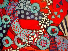 an abstract painting with red, blue and white dots on it's surface is shown