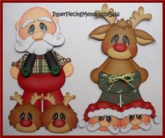 two handmade christmas decorations with santa and reindeer