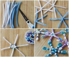 four pictures showing different ways to make snowflakes with beads and cotton swabs