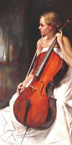 a painting of a woman holding a cello