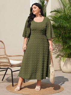 Women Plus Size Fashion Solid Color Long Sleeve Dress Army Green Casual  Three Quarter Length Sleeve Woven Fabric Plain A Line Non-Stretch  Women Plus Clothing, size features are:Bust: ,Length: ,Sleeve Length: Modest Plus Size Fashion, Modest Plus Size, Women Plus Size Fashion, Women Plus Size, Plus Size Fashion For Women, Kids Beachwear, Fashion For Women, Plus Clothing, Dress P