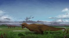 an artist's rendering of a dinosaur walking through the grass with other dinosaurs in the background