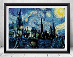 the starry night over hog potter's castle is shown in an art print