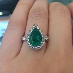 This pear shaped emerald ring is a gorgeous alternative engagement ring! Emerald And Diamond Ring, Halo Setting, Colombian Emeralds, Fine Rings, Ring Gemstone, Emerald Ring, Items For Sale, Turquoise Ring, Halo