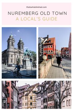 the cover of an old town guide with pictures of buildings and people walking on it