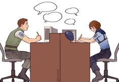 two police officers sitting at a desk talking to each other with thought bubbles above them