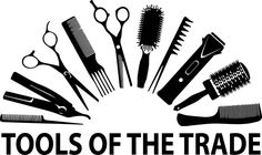 tools of the trade logo with scissors, combs and hairbrushes on it