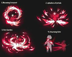 four different types of fire emblems in red and white, with text describing them