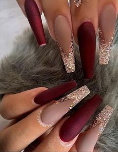 Image shared by Rosie Corwin. Find images and videos about nail art on We Heart It - the app to get lost in what you love. Burgundy Nails Birthday, White Nails Wedding Classy, Winter Nail Art Coffin, Maroon And Champagne Nails, Acrylic Nail Designs Gold Glitter, Coffin Shaped Dark Red Nails, Cheetah Print New Years Nails, Wedding Guests Nail Designs, Red Nails Ideas Valentines