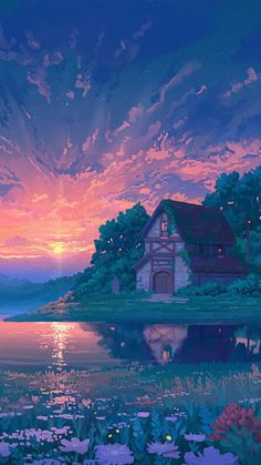 a painting of a house by the water at sunset with clouds in the sky above it