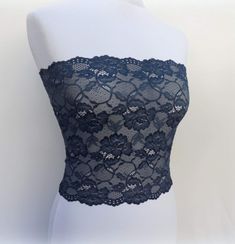 Navy blue see through elastic lace tube top strapless by MissLaceAccessories on Etsy Blue Clothes Aesthetic, Black Bandeau Top, Blue Tube Top, Tøp Aesthetic, Fancy Tops