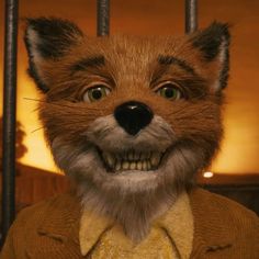 a fox in a suit and tie standing next to a jail cell