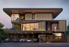 this is an artist's rendering of a modern house in the evening with cars parked outside