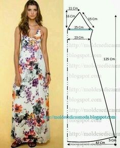 a woman in a floral print dress is next to the measurements for her long gown