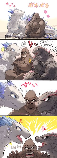 an image of godzillas fighting with each other in the same comic strip, and one is