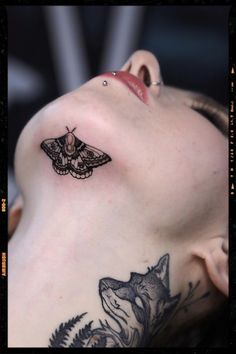 Moth Tattoo Inspiration - Butterfly Tattoo Inspiration Color Outside The Lines Tattoo, Moth Back Of Neck Tattoo, Moth Neck Tattoos Women, Nature Neck Tattoo, Moth Tatoos Ideas, Under Jawline Tattoo, Color Moth Tattoo, Tattoos Dark Aesthetic, Chin Tattoo Woman