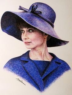 a drawing of a woman wearing a blue hat