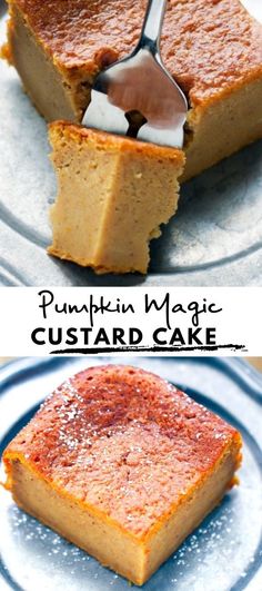 pumpkin magic custard cake on a plate