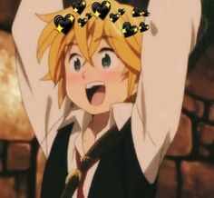 an anime character with blonde hair and blue eyes holding his hands up in the air