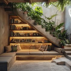 an indoor living area with stairs and bookshelves on the wall, surrounded by plants