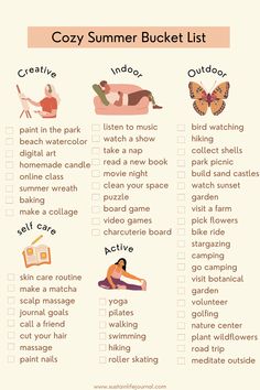 different summer hobby ideas Self Bucket List, Getting Ready List, How To Have Aesthetic Life, How To Have A Fun Summer, Things To Do In Summer Aesthetic, Aesthetic Hobby Ideas, Every Aesthetic List, Summer Healing Aesthetic, Wellness Journal Aesthetic