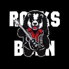 a black and white bear with a guitar in its paws, playing the song rock's on
