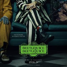 a movie poster for beetlejuice and the person in striped suit sitting on a blue couch