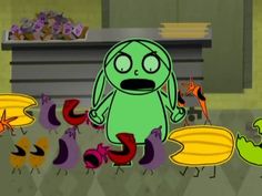 a cartoon character standing in front of several birds and carrots on a kitchen floor