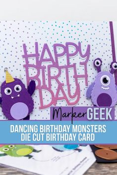 a birthday card with purple monsters on it