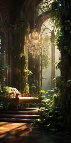 a bed sitting in the middle of a lush green forest next to a chandelier