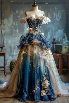 Ocean Themed Ballgown, Fancy Fantasy Outfits, Dresses For Each Body Type, Prom Dress To Impress, Ethereal Gown Fairytale, Unique Ball Gowns, Ocean Inspired Dress, Elven Dresses, Fairytale Dress Aesthetic