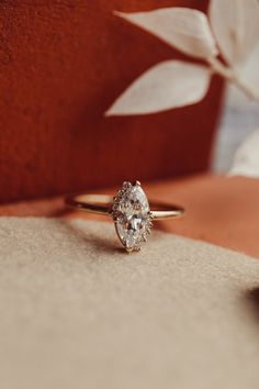 a diamond ring sitting on top of a piece of paper next to a leafy plant