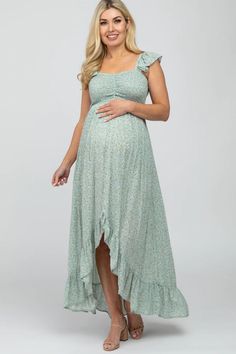 Sage Floral Smocked Hi-Low Maternity Maxi Dress – PinkBlush Maternity Dresses Plus Size, Sage Maternity Dress, Green Maternity Dress Photoshoot, Lavender Maternity Dress, Casual Summer Pregnancy Outfits, Maxi Dress Maternity, Maternity Dresses Casual, Green Maternity Dresses, Maternity Picture Outfits