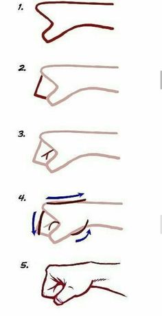 four different types of hand gestures drawn in red, blue and black ink on white paper