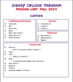 the disney college program packing list is shown in purple and black, with red lettering