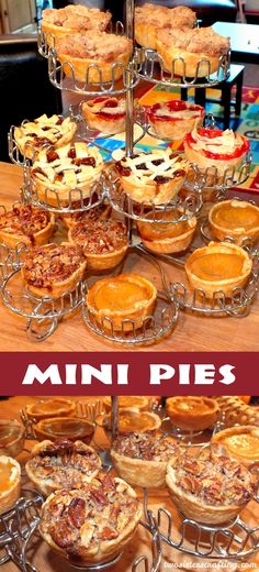 there are many pies on the table with words above them that read mini pies