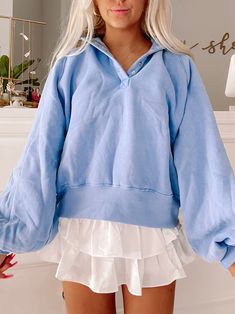 Sky Blue Brynn Pullover Top  | Sassy Shortcake | sassyshortcake.com Preppy Bathrobe, Preppy Outfit Winter, Comfy Easter Outfits, Cute Winter Outfits For School Cold Weather Preppy, Preppy Asthetics Outfit, Preppy Summer Outfits 2023, Preppy Blue Outfits, Button Down Top Outfit, Coastal Girl Outfits