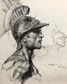 a drawing of a man wearing a hat with feathers on it's brim