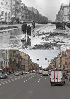 an old and new photo of people walking in the rain, cars driving down the street