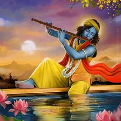 a painting of a person sitting on the ground playing a flute with flowers in front of them