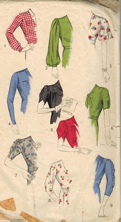 an old fashion sewing pattern for women's blouses and pants, with different patterns