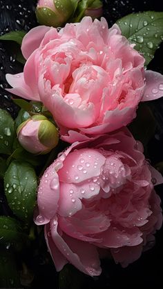 two pink peonies with water droplets on them are sitting in the middle of green leaves