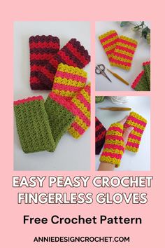 crochet fingerless gloves with text that reads easy peasy crochet fingerless gloves free crochet pattern